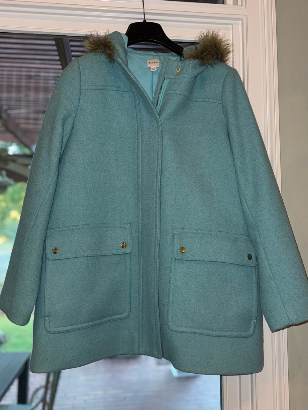 J.Crew Chateau Wool Parka Aqua Sea Icy Mint Blue Faux Fur Hood Coat